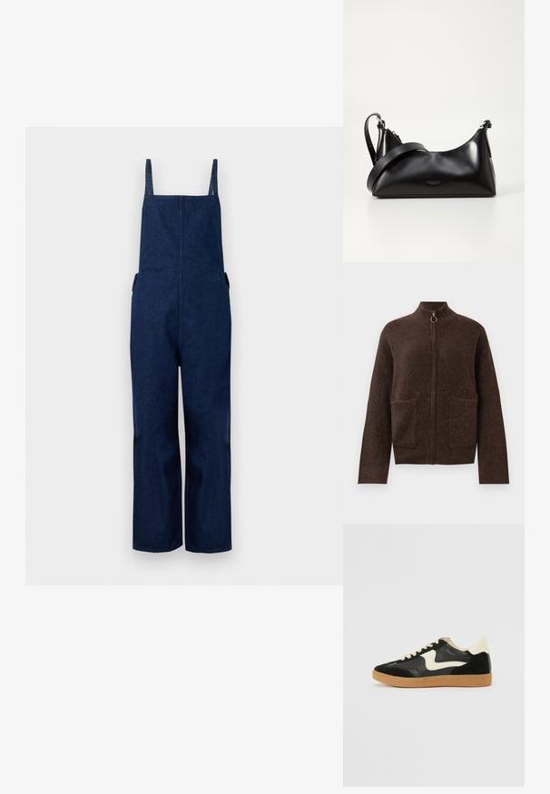 Marineblå denim overalls med brede ben, justerbare stropper og sidelommer, der har et rent, minimalistisk design og en glat tekstur.; Mørkebrun, fuzzy zip-up cardigan med høj hals, to forlommer og lange ærmer på en hvid baggrund.; Sorte ruskinds- og lædersneakers med en cremefarvet side-swoosh og lys cremefarvet hæl. Har beige snørebånd og en gummirubber-sål.; Sort læderhåndtaske med en glat tekstur. Har en justerbar stropp og et enkelt, minimalistisk design med lynlås.