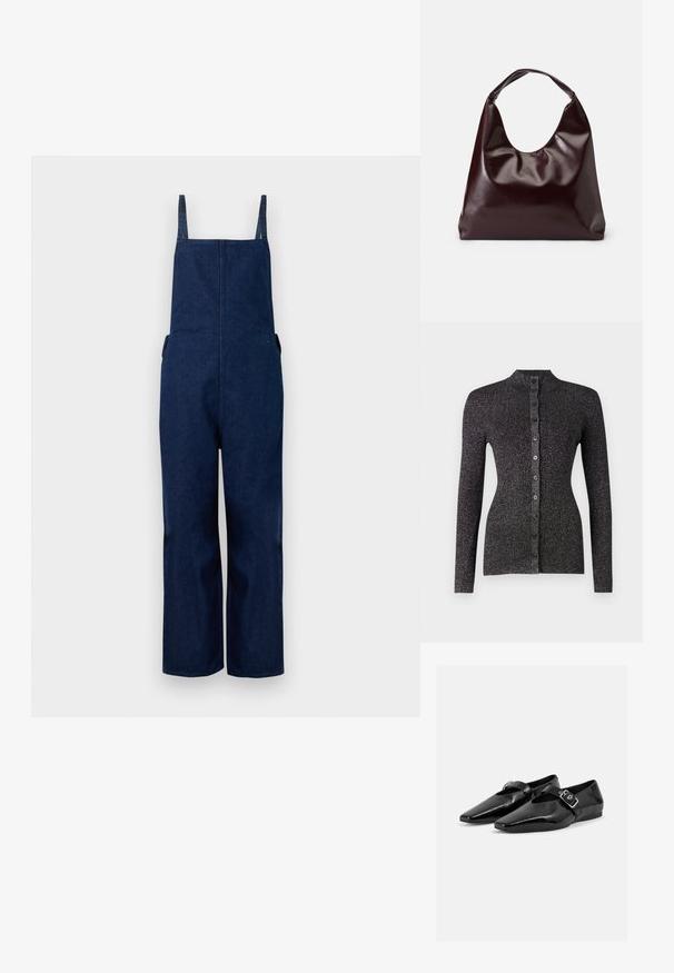 Salopette en denim marine avec jambes larges, bretelles ajustables et poches latérales, présentant un design épuré et minimaliste ainsi qu'une texture lisse.; Gilet noir à côtes en matériau texturé, doté d'un col haut, de manches longues et d'une rangée de six boutons coordonnés sur le devant.; Paire de chaussures plates en cuir verni noir à bouts pointus avec une bride à boucle sur le dessus, montrée sur un fond clair uni.; Sac en cuir vegan bordeaux, brillant, avec une forme douce et sculpturale et une large poignée incurvée pour un transport facile.