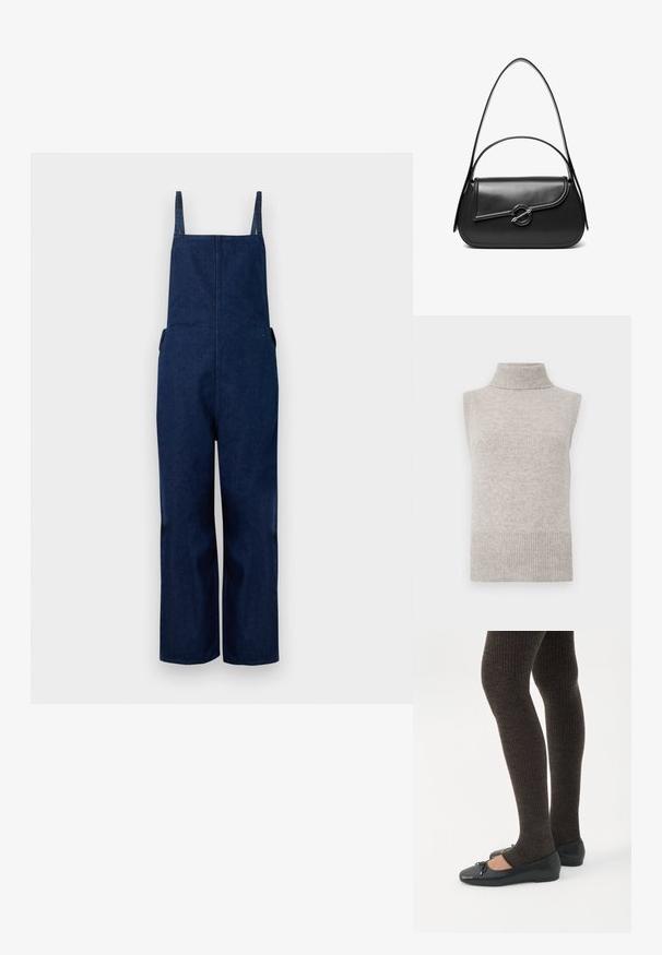 Tumed denim üleüldised püksid laia säärega, reguleeritavate rihmade ja küljetaskutega, millel on puhas, minimalistlik disain ja sile tekstuur.; Käeaukudeta beežist soonikust turtleneck-sviitrivist, millel on soonikdateed ja ääred, valgel taustal.; Jalad seljas tumedad soonelises soonelises kombines mustade baleriinadega, millel on väikesed paelade detailid valgel taustal.; Must nahast õlakott kõverda kaanega, mida hoiab kinni ümmargune metallist klamber ja millel on õhuke, reguleeritav rihm.