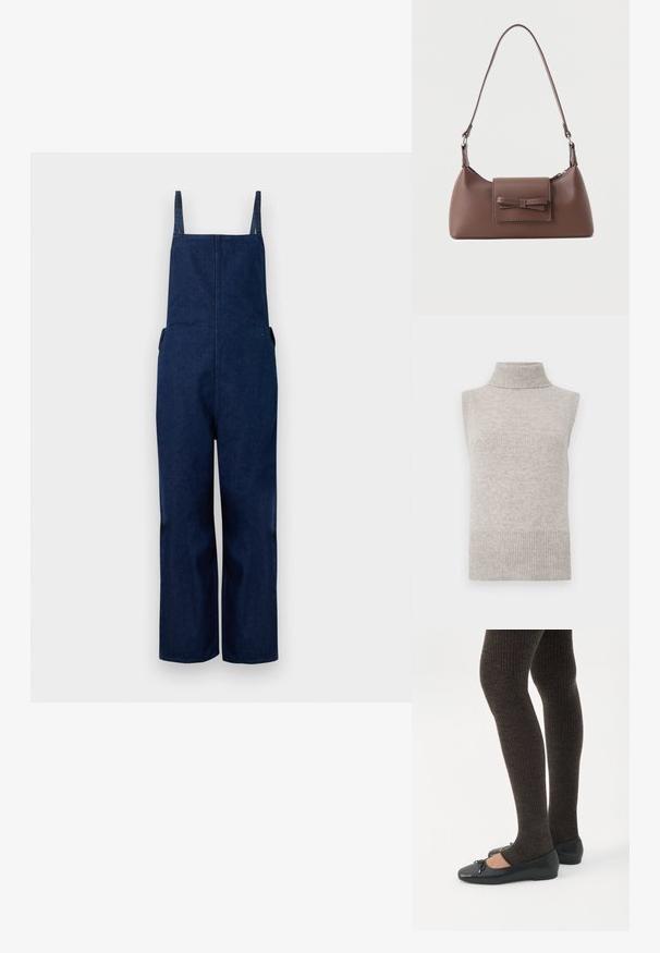 Pantalones de mezclilla azul marino con perneras amplias, tirantes ajustables y bolsillos laterales, que presentan un diseño limpio y minimalista con una textura suave.; Chaleco de punto sin mangas en color beige con cuello alto, sisas y dobladillo acanalados sobre un fondo blanco.; Piernas con leggings oscuros acanalados combinados con bailarinas negras que presentan pequeños detalles de lazo sobre un fondo blanco.; Bolso bandolera de cuero marrón con un bolsillo frontal de solapa que presenta un detalle de moño cosido y una correa ajustable.