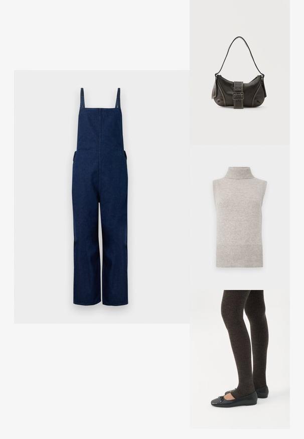 Salopette en denim marine avec jambes larges, bretelles ajustables et poches latérales, présentant un design épuré et minimaliste ainsi qu'une texture lisse.; Gilet sans manches en tricot beige avec col roulé, bords côtelés aux emmanchures et à l'ourlet, sur un fond blanc.; Jambes portant des leggings côtelés foncés associés à des ballerines noires avec de petits détails en nœud sur fond blanc.; Sac à épaule en cuir noir avec une sangle à boucle, des bords arrondis et des coutures blanches contrastées sur un fond uni.