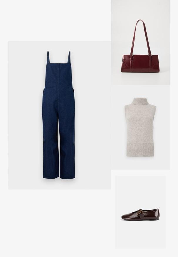 Pantalones de mezclilla azul marino con perneras amplias, tirantes ajustables y bolsillos laterales, que presentan un diseño limpio y minimalista con una textura suave.; Chaleco de punto sin mangas en color beige con cuello alto, sisas y dobladillo acanalados sobre un fondo blanco.; Zapato plano de charol marrón oscuro con una gran hebilla dorada y puntera redondeada, mostrado de perfil sobre un fondo blanco.; Bolso burdeos hecho de material brillante, de forma rectangular, con dos asas para el hombro y sutiles acentos curvados en la parte frontal.