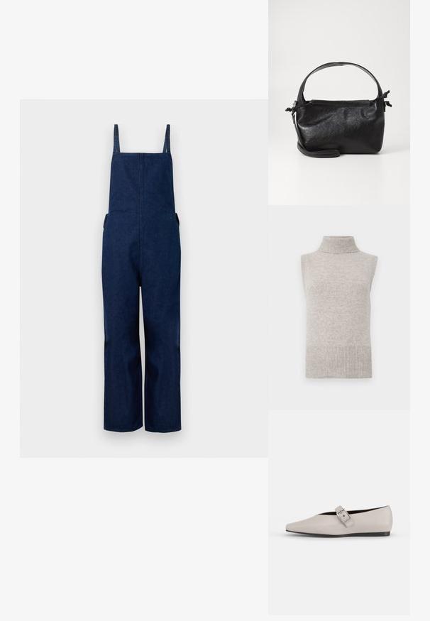 Salopette en denim marine avec jambes larges, bretelles ajustables et poches latérales, présentant un design épuré et minimaliste ainsi qu'une texture lisse.; Gilet sans manches en tricot beige avec col roulé, bords côtelés aux emmanchures et à l'ourlet, sur un fond blanc.; Chaussure plate en cuir beige avec un bout pointu, un accent de boucle sur le côté et une semelle noire basse. Texture lisse et design minimaliste.; Sac à main en cuir noir au design structuré, avec une poignée arrondie et une bandoulière amovible. Présente une texture lisse et un éclat subtil.