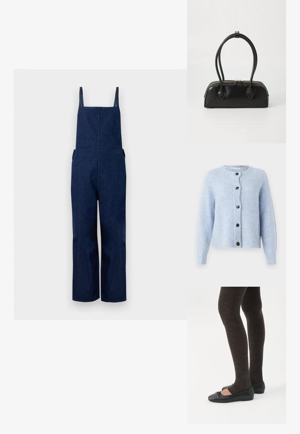 Marine denim dungarees met wijd uitlopende benen, verstelbare banden en zijzakken, met een strakke, minimalistische uitstraling en een zachte textuur.; Lichtblauwe cardigan van zacht, ribbelachtig materiaal, met een ronde halslijn, lange mouwen en zes zwarte knopen aan de voorkant.; Benen met donkere geribbelde leggings gecombineerd met zwarte ballerina's met kleine strikdetails op een witte achtergrond.; Zwarte leren handtas met twee verlengde handvatten, ritsluiting en ronde vorm; gladde textuur met subtiele glanzende afwerking.