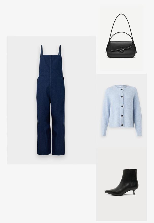 Marineblaues Denim-Overall mit weit ausgestellten Beinen, verstellbaren Trägern und Seitentaschen, das durch ein schlichtes, minimalistisches Design und eine glatte Textur besticht.; Hellblauer Cardigan aus weichem, geripptem Material mit Rundhalsausschnitt, langen Ärmeln und sechs schwarzen Knöpfen auf der Vorderseite.; Schwarzer Leder-Knöchel-Stiefel mit spitzer Spitze und niedrigem Kittenabsatz vor hellem Hintergrund, seitliche Ansicht.; Schwarze Lederhandtasche mit abgerundeten Kanten, asymmetrischem Überschlag, metallfarbenem runden Verschluss und kurzen sowie langen Schulterriemen.