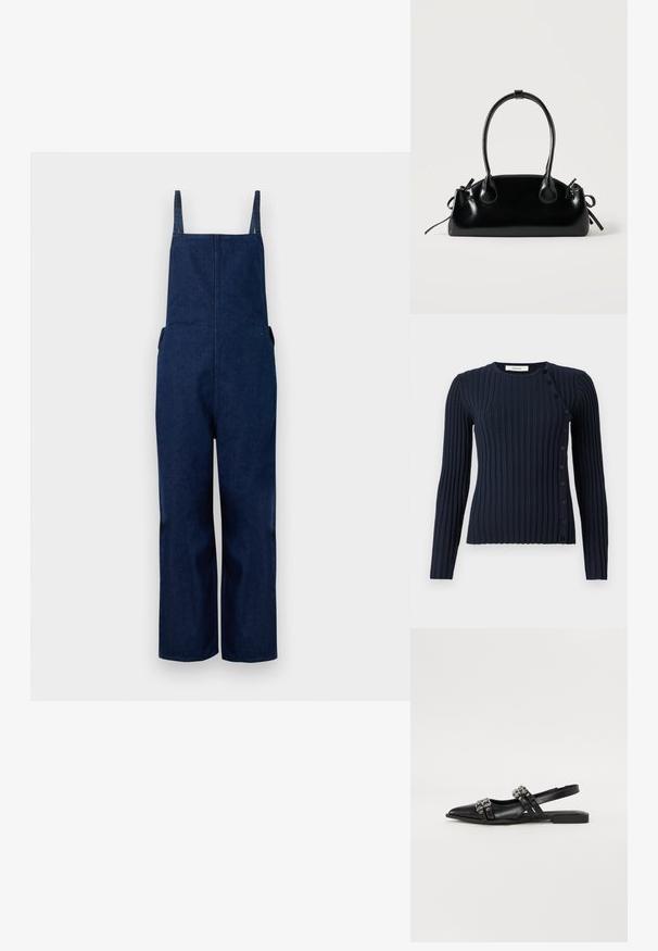 Pantalones de mezclilla azul marino con perneras amplias, tirantes ajustables y bolsillos laterales, que presentan un diseño limpio y minimalista con una textura suave.; Suéter de punto de canalé azul marino de manga larga con escote redondo y cierre de botones en el lado izquierdo. Fabricado con un material de punto suave.; Even&Odd by Zalando Bailarinas con tira trasera - black; Pequeño bolso negro brillante con dos asas largas y detalles de cordón lateral sobre un fondo claro liso.