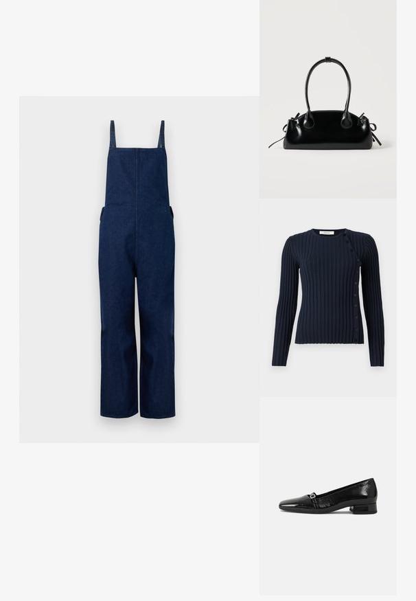 Pantalones de mezclilla azul marino con perneras amplias, tirantes ajustables y bolsillos laterales, que presentan un diseño limpio y minimalista con una textura suave.; Suéter de punto de canalé azul marino de manga larga con escote redondo y cierre de botones en el lado izquierdo. Fabricado con un material de punto suave.; Bailarinas de charol negro con punta afilada, tacón cuadrado bajo y un pequeño detalle de hebilla metálica en la correa. Textura suave.; Pequeño bolso negro brillante con dos asas largas y detalles de cordón lateral sobre un fondo claro liso.