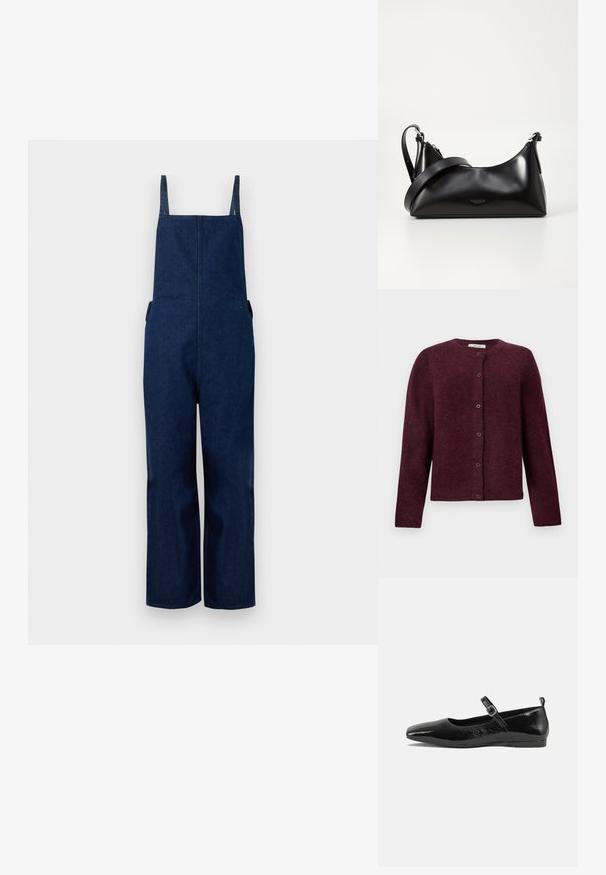 Salopette en denim marine avec jambes larges, bretelles ajustables et poches latérales, présentant un design épuré et minimaliste ainsi qu'une texture lisse.; Cardigan bordeaux en tissu doux, avec des manches longues, un col rond, et six boutons de fermeture sur le devant.; Chaussure plate en cuir verni noir avec un bout pointu, une sangle de cheville avec boucles, et une texture lisse et brillante. Talon bas pour le confort.; Sac à main en cuir noir avec une texture lisse. Dispose d'une bandoulière adjustable et d'un design élégant et minimaliste avec une fermeture éclair.