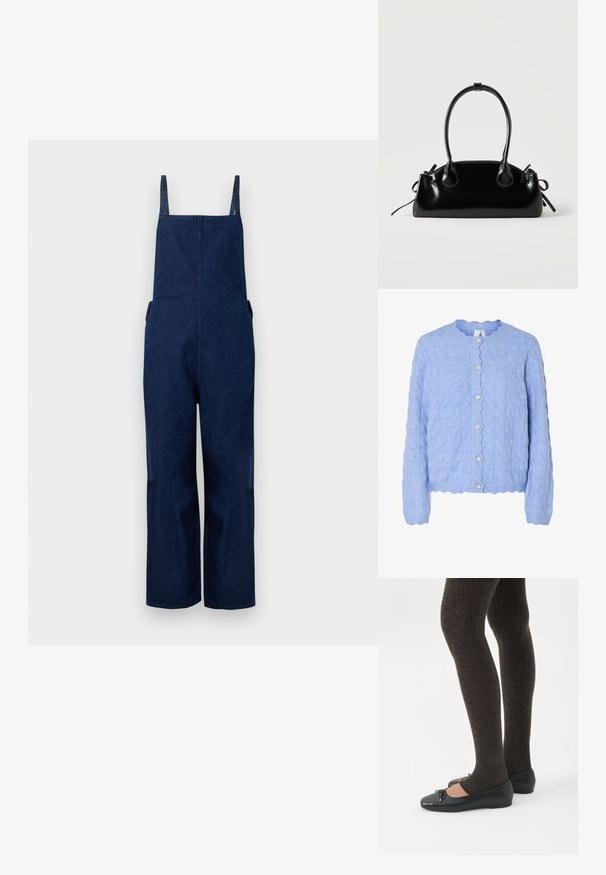 Marine denim dungarees met wijd uitlopende benen, verstelbare banden en zijzakken, met een strakke, minimalistische uitstraling en een zachte textuur.; Lichtblauwe gebreide cardigan met een gegolfde halslijn, voorzien van een kabelpatroon en vijf parelachtige knopen aan de voorkant.; Benen met donkere geribbelde leggings gecombineerd met zwarte ballerina's met kleine strikdetails op een witte achtergrond.; Kleine zwarte glanzende handtas met twee lange hengsels en zijkant trekkoord details op een effen lichte achtergrond.