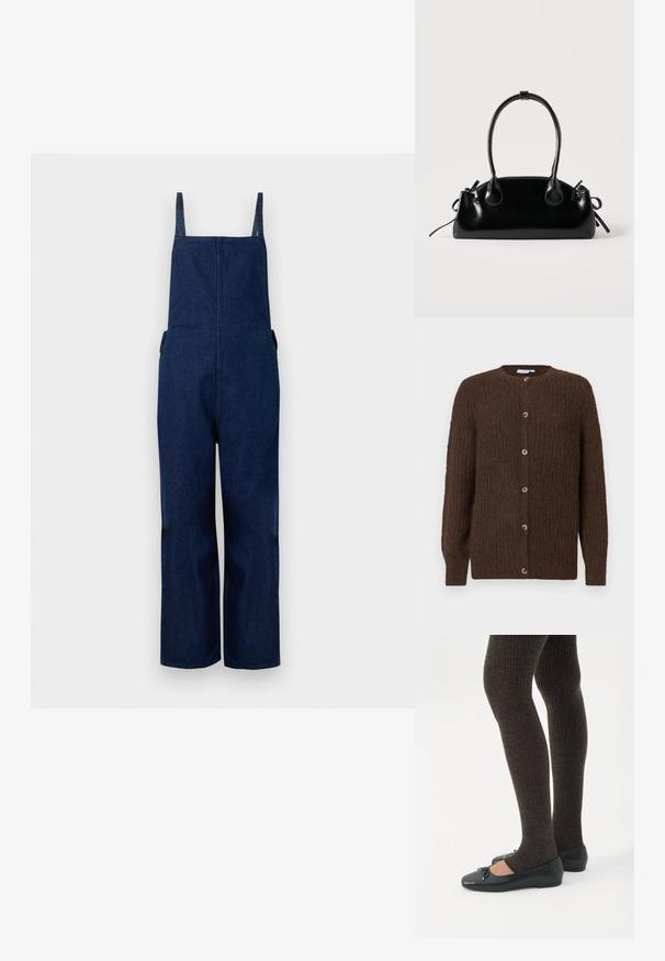 Salopette en denim marine avec jambes larges, bretelles ajustables et poches latérales, présentant un design épuré et minimaliste ainsi qu'une texture lisse.; Cardigan en maille texturée marron avec un col rond et six boutons sur le devant, des manches longues et des poignets côtelés.; Jambes portant des leggings côtelés foncés associés à des ballerines noires avec de petits détails en nœud sur fond blanc.; Petit sac à main noir brillant avec deux longues anses et des détails à cordon sur les côtés sur un fond clair uni.