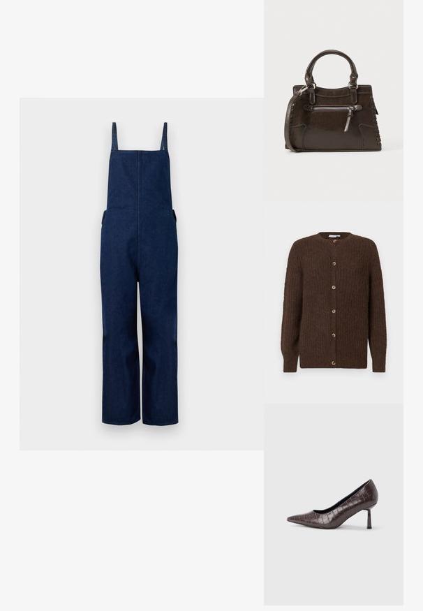 Marineblå denim overalls med brede ben, justerbare stropper og sidelommer, der har et rent, minimalistisk design og en glat tekstur.; Brun struktureret strik cardigan med rund halsudskæring og seks knapper foran, lange ærmer og ribbede manchetter.; Brune kunstlæder stiletter med spidse tæer og krokodilletekstur, der har en slank, vinklet hæl og en glat inderside.; Brun læderhåndtaske med top-håndtag, lynlåslomme foran og vævede detaljer på siderne. Glat tekstur og struktureret form.