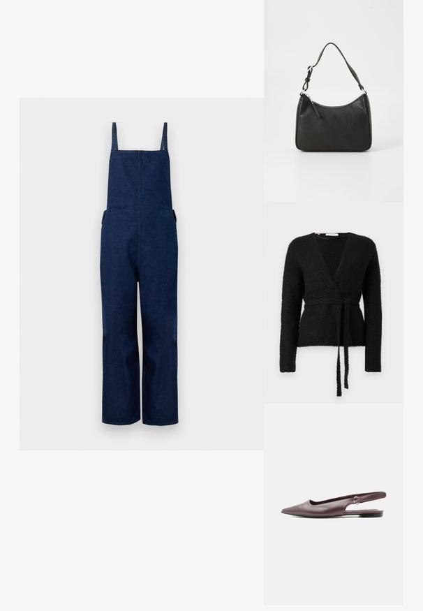 Pantalones de mezclilla azul marino con perneras amplias, tirantes ajustables y bolsillos laterales, que presentan un diseño limpio y minimalista con una textura suave.; Cárdigan envolvente de punto negro y peludo con mangas largas y un cinturón a juego atado en la cintura, exhibido sobre un fondo blanco.; Zapato plano burdeos con punta en pico, trasera con tira ajustable y tacón bajo sobre fondo blanco.; Bolso de mano de cuero negro con forma curvada, una sola correa, cierre de cremallera y marcas sutiles en la parte frontal. Textura suave, diseño minimalista.