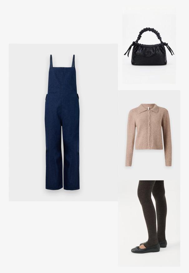 Marineblå denim overalls med brede ben, justerbare stropper og sidelommer, der har et rent, minimalistisk design og en glat tekstur.; Beige strikket cardigan med krave, prydet med dekorative knapper og diskrete udsmykninger ned foran. Blød tekstur, ribbet kant.; Ben iført mørke ribbede leggings kombineret med sorte balletsko med små sløjfedetaljer på hvid baggrund.; Sort taske med krokodilletekstur, rynket øverste kant, samlet hank og snore med kvaster på hver side mod en hvid baggrund.