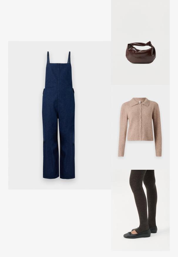 Marineblå denim overalls med brede ben, justerbare stropper og sidelommer, der har et rent, minimalistisk design og en glat tekstur.; Beige strikket cardigan med krave, prydet med dekorative knapper og diskrete udsmykninger ned foran. Blød tekstur, ribbet kant.; Ben iført mørke ribbede leggings kombineret med sorte balletsko med små sløjfedetaljer på hvid baggrund.; Mørkebrun læder skuldertaske med en blød, afslappet form og et snoet knudehåndtag på en ensartet hvid baggrund.