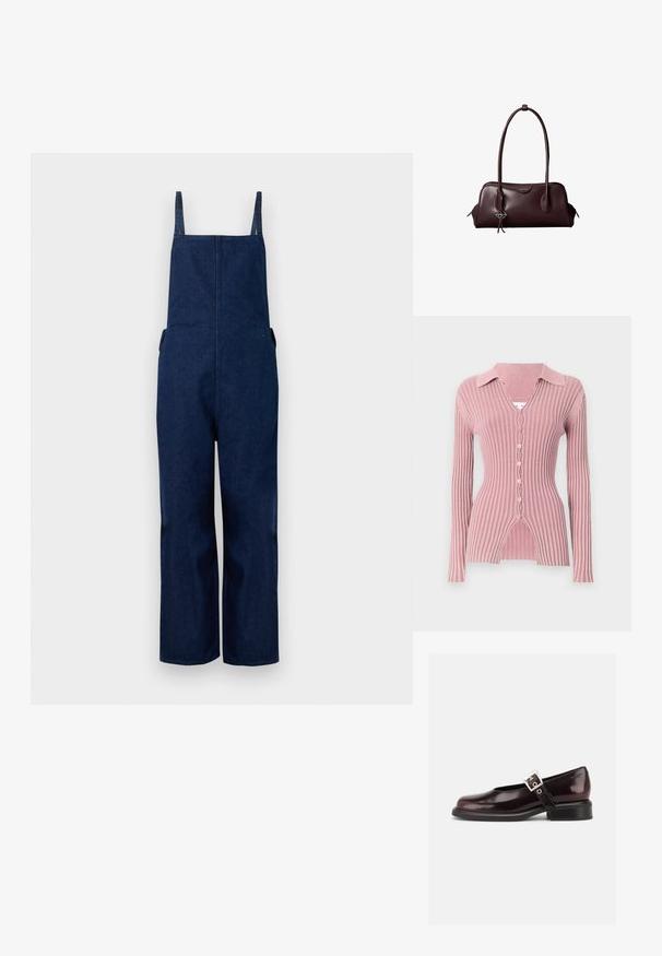 Tumed denim üleüldised püksid laia säärega, reguleeritavate rihmade ja küljetaskutega, millel on puhas, minimalistlik disain ja sile tekstuur.; Pikkade varrukatega, ribakujuline kardigan heleseses roosas värvitoonis, millel on kraega kaelus, V-kaelus ja viis nööpide sulgemist eristuva lõhikuhemiga.; Üksik läikiv tume burgundi Mary Jane jalanõu lai rihma ja hõbedase punniga, madala kand ja ümar ninaga valgel taustal.; Tumepruun nahast Calvin Kleini käekott pikkade topeltkandidega ja väike logoga ripats ühe käepideme küljes.