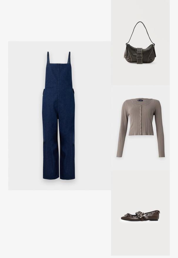 Pantalones de mezclilla azul marino con perneras amplias, tirantes ajustables y bolsillos laterales, que presentan un diseño limpio y minimalista con una textura suave.; Cárdigan corto de manga larga en tejido de canalé marrón claro. Presenta un escote redondo y cierre de botones con acentos metálicos.; Zapato plano de cuero marrón oscuro con puntera puntiaguda, doble hebilla plateada, ojales metálicos y lazo decorativo en la parte delantera.; Bolso de hombro de cuero negro con detalle de correa con hebilla, bordes curvos y costuras blancas en contraste sobre un fondo liso.