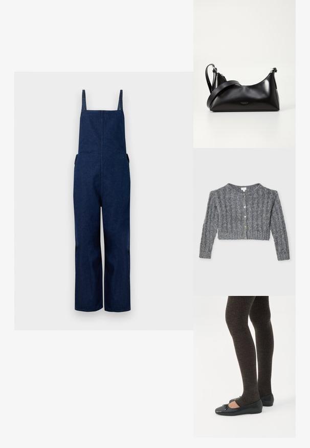 Marine denim dungarees met wijd uitlopende benen, verstelbare banden en zijzakken, met een strakke, minimalistische uitstraling en een zachte textuur.; Grijze gebreide cardigan met ribbeltextuur, korte lengte, ronde halslijn en gouden knopen aan de voorkant.; Benen met donkere geribbelde leggings gecombineerd met zwarte ballerina's met kleine strikdetails op een witte achtergrond.; Zwarte leren handtas met een gladde textuur. Beschikt over een verstelbare schouderband en een strak, minimalistisch ontwerp met een ritssluiting.