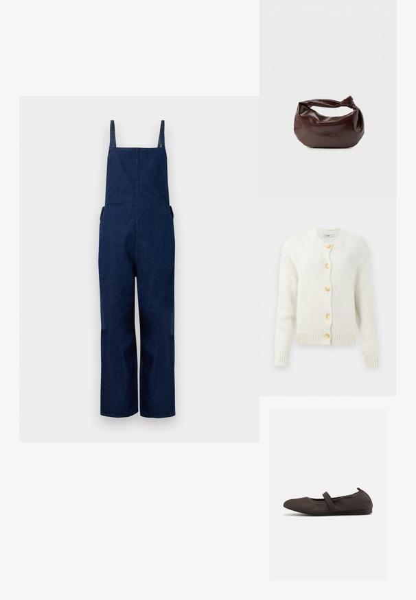 Tumed denim üleüldised püksid laia säärega, reguleeritavate rihmade ja küljetaskutega, millel on puhas, minimalistlik disain ja sile tekstuur.; Kreem värvi kootud kardigan ümmarguse kaelusega, millel on neli suurt kuldset nööpi ning soonikkoes varrukad ja alläär. Tekstuuriga kangas.; Pruun baleriinaking elastse paelaga ja ümarate varvastega, valgel taustal, külgvaates.; Tumepruunast nahast õlakott, pehme ja lõdva vormiga, keeratud sõlme tüüpi sangaga, valgel ühevärvilisel taustal.