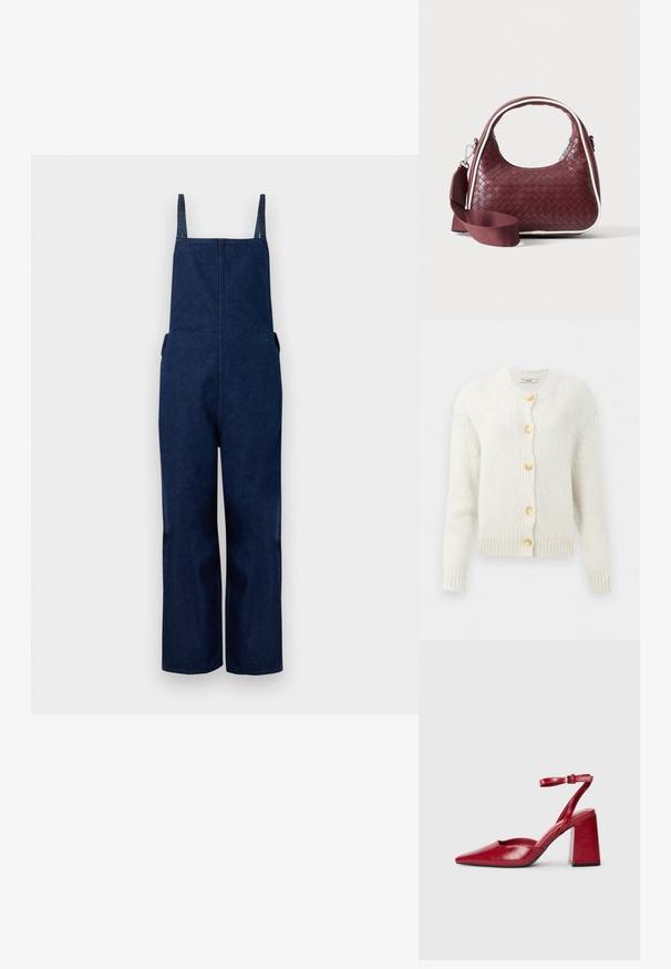 Marineblå denim overalls med brede ben, justerbare stropper og sidelommer, der har et rent, minimalistisk design og en glat tekstur.; Kremfarvet, strikket cardigan med rund halsudskæring, der har fire store, guldfarvede knapper og ribbede manchetter og kant. Tekstureret stof.; Røde læder slingback-hæle med spids tå, kraftig blokhæl og en enkelt justerbar ankelrem. Glat tekstur, minimalistisk design.; Mørkerød vævet lædertaske med buet hank, hvid kant, sølv lynlås og aftagelig bred stofskulderrem mod en ensfarvet baggrund.