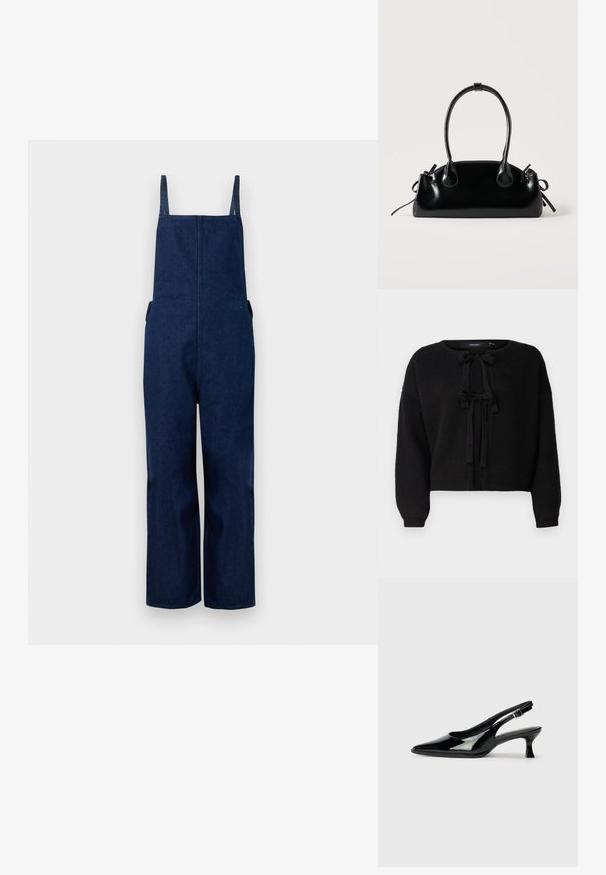 Marineblå denim overalls med brede ben, justerbare stropper og sidelommer, der har et rent, minimalistisk design og en glat tekstur.; Vero Moda VMBOW Knit - Cardigan - black; Sorte patenterede slingback-sko med spidse tæer og lav blokhæl. Justerbar spænde-rem ved anklen.; Lille sort blank håndtaske med to lange håndtag og snøre-detaljer i siden på en ensfarvet lys baggrund.