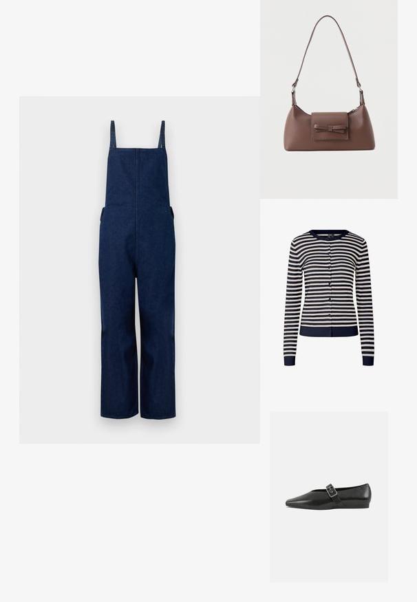 Marineblaues Denim-Overall mit weit ausgestellten Beinen, verstellbaren Trägern und Seitentaschen, das durch ein schlichtes, minimalistisches Design und eine glatte Textur besticht.; Marineblaue und cremefarbene gestreifte Strickjacke aus weichem Strickstoff, mit Rundhalsausschnitt, langen Ärmeln und Knopfverschluss vorne.; Schwarze Lederflachschuhe mit spitzem Zehenbereich, ausgestattet mit einem metallischen Riemen über dem Spann und einer niedrigen, flexiblen Sohle.; Braune Leder-Umhängetasche mit einer vorderen Klappentasche, die ein gestepptes Schleifendetail und einen verstellbaren Riemen aufweist.