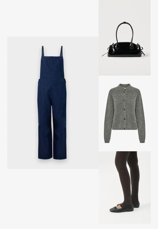 Marine denim dungarees met wijd uitlopende benen, verstelbare banden en zijzakken, met een strakke, minimalistische uitstraling en een zachte textuur.; Grijze cardigan van textuur gebreide stof, met een ronde halslijn, lange mouwen en zwarte knopen aan de voorkant.; Benen met donkere geribbelde leggings gecombineerd met zwarte ballerina's met kleine strikdetails op een witte achtergrond.; Kleine zwarte glanzende handtas met twee lange hengsels en zijkant trekkoord details op een effen lichte achtergrond.