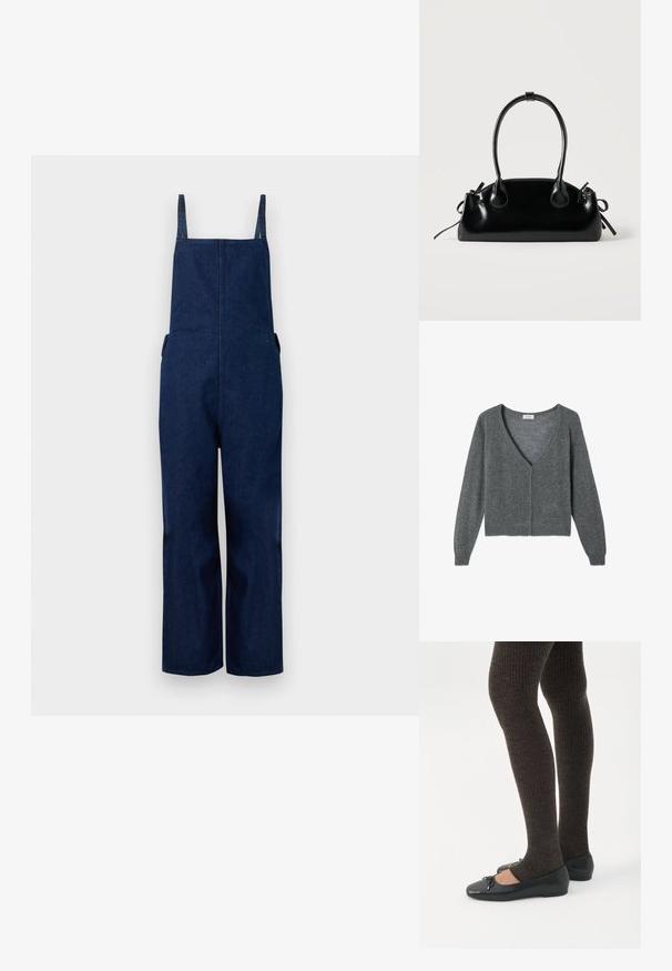 Pantalones de mezclilla azul marino con perneras amplias, tirantes ajustables y bolsillos laterales, que presentan un diseño limpio y minimalista con una textura suave.; Suéter cardigans gris hecho de una tela suave, con un profundo escote en V, mangas largas, cierre frontal de botones y detalles de dobladillo acanalados.; Piernas con leggings oscuros acanalados combinados con bailarinas negras que presentan pequeños detalles de lazo sobre un fondo blanco.; Pequeño bolso negro brillante con dos asas largas y detalles de cordón lateral sobre un fondo claro liso.