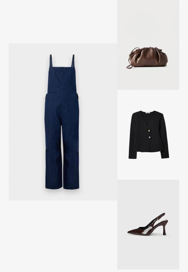 Marine denim dungarees met wijd uitlopende benen, verstelbare banden en zijzakken, met een strakke, minimalistische uitstraling en een zachte textuur.; Zwarte gebreide cardigan met een V-hals, voorzien van twee gouden knopen en een licht uitlopende zoom. Zachte textuur en lange mouwen.; Bruine gepatineerde leren slingback pumps met een spitse neus, een dunne hak en een verstelbaar bandje met een kleine gesp.; Zachte bruine leren tas met samengevouwen bovenkant en smalle riem, liggend op een witte achtergrond.