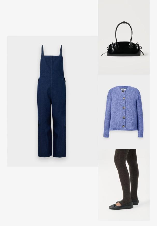 Tumed denim üleüldised püksid laia säärega, reguleeritavate rihmade ja küljetaskutega, millel on puhas, minimalistlik disain ja sile tekstuur.; Kootud kardigan lillana, ümmarguse kaela, pika varrukaga ja nupuga eest kinni. Omab viit tume kuldset nuppu ja tekstureeritud pinda.; Jalad seljas tumedad soonelises soonelises kombines mustade baleriinadega, millel on väikesed paelade detailid valgel taustal.; Väike must läikiv käekott kahe pika sangaga ja külgedel paelakinnitustega, ühel lihtsal helel taustal.