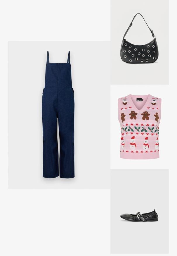 Marineblaues Denim-Overall mit weit ausgestellten Beinen, verstellbaren Trägern und Seitentaschen, das durch ein schlichtes, minimalistisches Design und eine glatte Textur besticht.; Rosa gestrickte Weste mit V-Ausschnitt, verziert mit Lebkuchenmännern, Schneemännern, Stechpalmen und festlichen Mustern in Rot und Grün.; Schwarze Leder-Ballerinas mit spitzem Zehenbereich, gerafften Details am Schaft und einem silbernen Schnallenakzent am verstellbaren Riemen.; Schwarze Lederschultertasche mit verstellbarem Riemen, ausgestattet mit silbernen Metallösenverzierungen und einem Reißverschluss an der Oberseite.