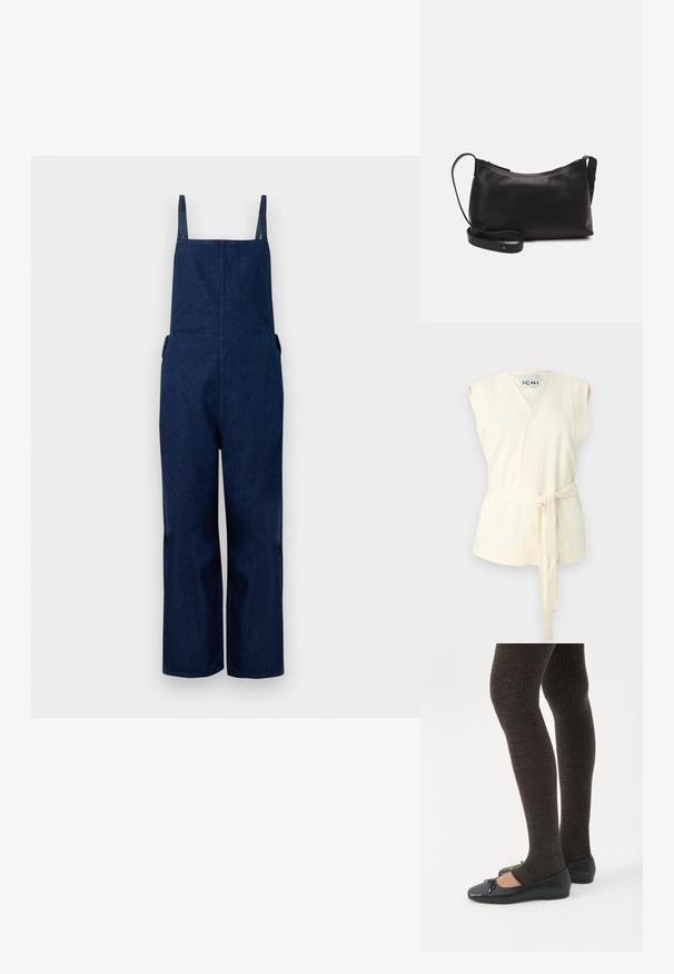 Salopette en denim marine avec jambes larges, bretelles ajustables et poches latérales, présentant un design épuré et minimaliste ainsi qu'une texture lisse.; Haut sans manches en ivoire avec une ceinture à nouer, présentant un tissu texturé et un design en V. Aucun motif ou ornement supplémentaire présent.; Jambes portant des leggings côtelés foncés associés à des ballerines noires avec de petits détails en nœud sur fond blanc.; Sac à épaule en cuir noir avec une texture lisse, une forme courbée, une bandoulière ajustable et une fermeture éclair. Design minimaliste sans embellissements.