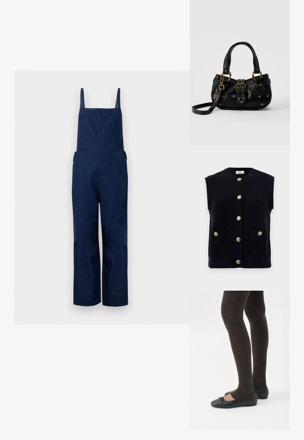 Marineblå denim overalls med brede ben, justerbare stropper og sidelommer, der har et rent, minimalistisk design og en glat tekstur.; Marineblå strikket vest med rund hals, korte ærmer og seks gyldne knaplukninger. Har to forlommer.; Ben iført mørke ribbede leggings kombineret med sorte balletsko med små sløjfedetaljer på hvid baggrund.; Sort læderhåndtaske med guldbælge og nitdetaljer, korte håndtag og en justerbar skulderrem på en ensfarvet hvid baggrund.