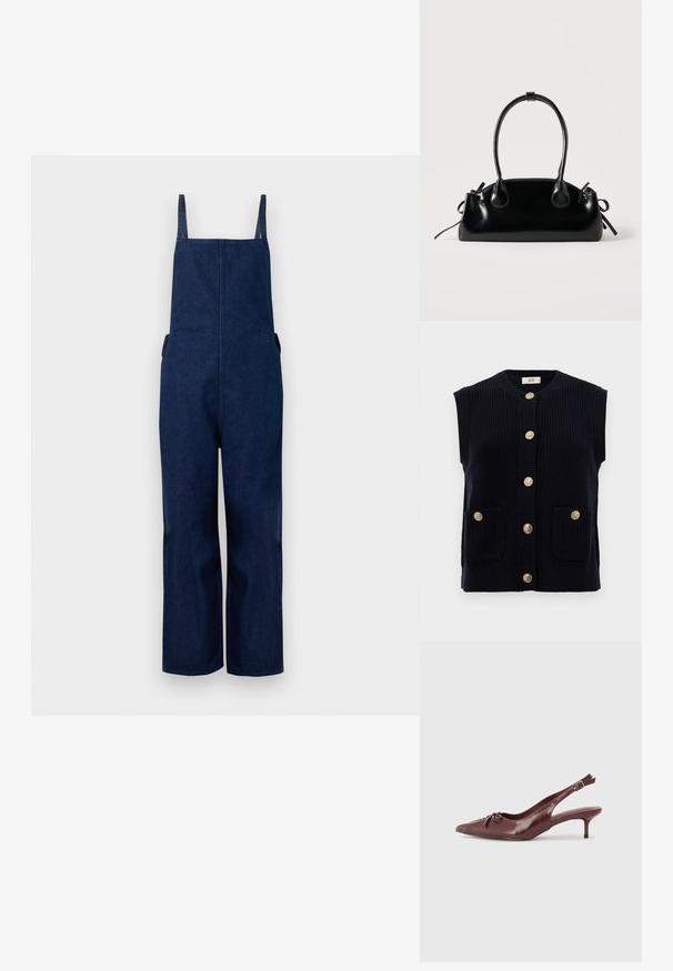 Marineblå denim overalls med brede ben, justerbare stropper og sidelommer, der har et rent, minimalistisk design og en glat tekstur.; Marineblå strikket vest med rund hals, korte ærmer og seks gyldne knaplukninger. Har to forlommer.; Bordeaux læder slingback hæl med spidse tå, justerbar rem og dekorativ sløjfedetalje foran. 7,5 cm hælhøjde.; Lille sort blank håndtaske med to lange håndtag og snøre-detaljer i siden på en ensfarvet lys baggrund.