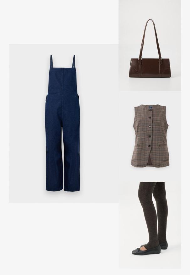 Salopette en denim marine avec jambes larges, bretelles ajustables et poches latérales, présentant un design épuré et minimaliste ainsi qu'une texture lisse.; Gilet sans manches à carreaux avec cinq boutons noirs, deux poches avant fendus et un col rond, dans des tons bruns et atténués.; Jambes portant des leggings côtelés foncés associés à des ballerines noires avec de petits détails en nœud sur fond blanc.; Sac à main en cuir verni marron de forme rectangulaire, avec deux longues poignées et des accents courbés subtils à l'avant.