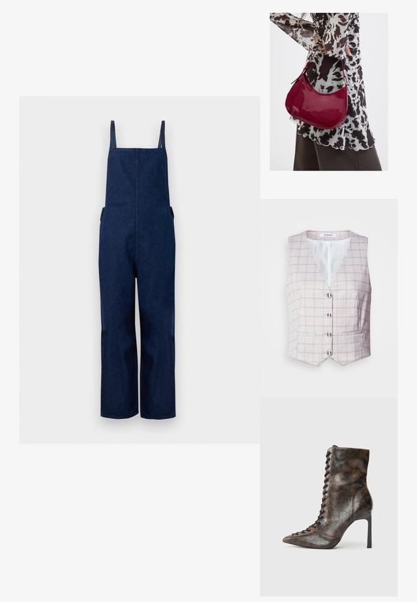 Marineblå denim overalls med brede ben, justerbare stropper og sidelommer, der har et rent, minimalistisk design og en glat tekstur.; Lys grå vest med pink rutemønster, v-hals, seks sølvknaplukninger og to forlommer. Lavet af tekstureret stof.; Brun læder ankelstøvle med spidse tå og høj stilettohælh. Har snørebånd foran og en tekstureret finish i en krøllet mønster.; Kvinde iført en sort- og hvidmønstret bluse, der holder en blank rød skuldertaske mod en ensfarvet baggrund.