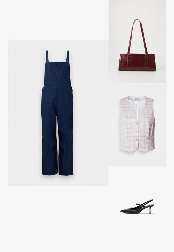 Tumed denim üleüldised püksid laia säärega, reguleeritavate rihmade ja küljetaskutega, millel on puhas, minimalistlik disain ja sile tekstuur.; Heled hall vest roosa ruudumustriga, V-kaelus, kuus hõbedast nööbiligat, ja kaks eesmist taskut. Valmistatud tekstuurse kangast.; Mustad nahast slingback-kontsad terava varba ja peene reguleeritava rihmaga, umbes 5 cm kõrguse stiletto-kontsaga, siledast tekstuurist.; Burgundia värvi käekott, mis on valmistatud läikivast materjalist, ristküliku kujuline, kahe õlapaelaga ning ees on peened kaarjad aktsendid.