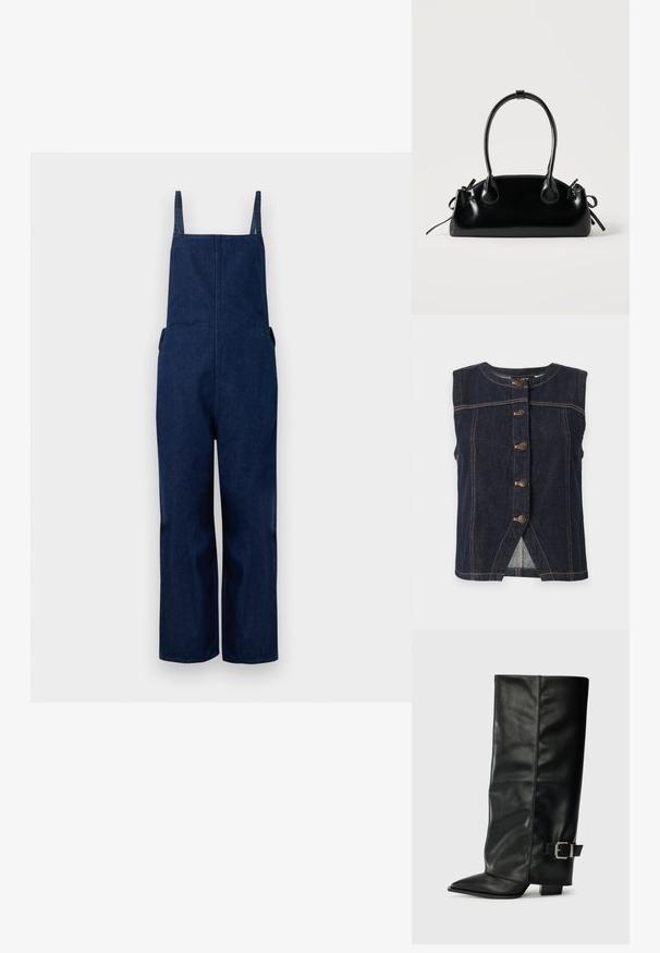 Marineblaues Denim-Overall mit weit ausgestellten Beinen, verstellbaren Trägern und Seitentaschen, das durch ein schlichtes, minimalistisches Design und eine glatte Textur besticht.; Ärmellose dunkelblaue Jeansweste mit fünf Metallknöpfen in der Mitte und beigefarbenen Kontrastnähten überall.; Schwarze Lederstiefeletten in Knöchellänge mit spitzem Zehenbereich, glatter Oberfläche und silberner Schnallenakzent an der Seite. Massiver, quadratischer Absatz.; Kleine schwarze glänzende Handtasche mit zwei langen Griffen und seitlichen Kordelzug-Details vor einfachem hellem Hintergrund.