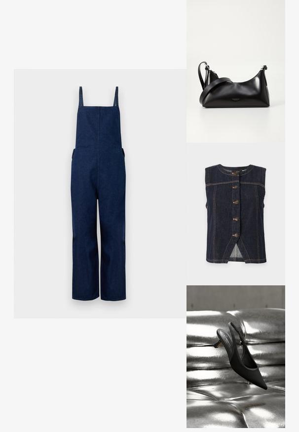 Tumed denim üleüldised püksid laia säärega, reguleeritavate rihmade ja küljetaskutega, millel on puhas, minimalistlik disain ja sile tekstuur.; Varrukateta tumesinine teksavest, mille keskel on viis metallist nuppu ja kogu vestil beeži kontrastõmblused.; Musta terava ninaga tõmbenööriga king madala kandega, mis lebab läikival, metallhõbedasel täpilisel nahkpinnal.; Mustmust nahkaga kott sileda tekstuuriga. Omab reguleeritavat rihma ja sujuvat, minimalistlikku disaini, millel on lukuga sulgemine.