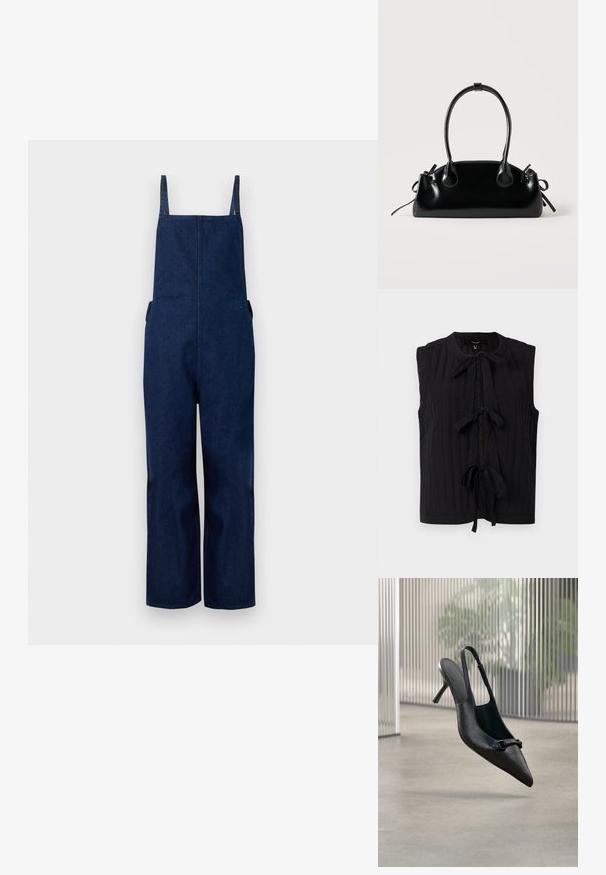 Tumed denim üleüldised püksid laia säärega, reguleeritavate rihmade ja küljetaskutega, millel on puhas, minimalistlik disain ja sile tekstuur.; Mustris kõhulise kaelusega must rihmata top, millel on ribakujuline tekstuur ja ees jooned lipsudega. Sile kangas, mis järgib keha kuju.; Mustast tekstureeritud nahast slingback kõrge kontsaga king, millel on terav nina ja väike dekoratiivne pandlaga, hõljub üle sileda põranda.; Väike must läikiv käekott kahe pika sangaga ja külgedel paelakinnitustega, ühel lihtsal helel taustal.