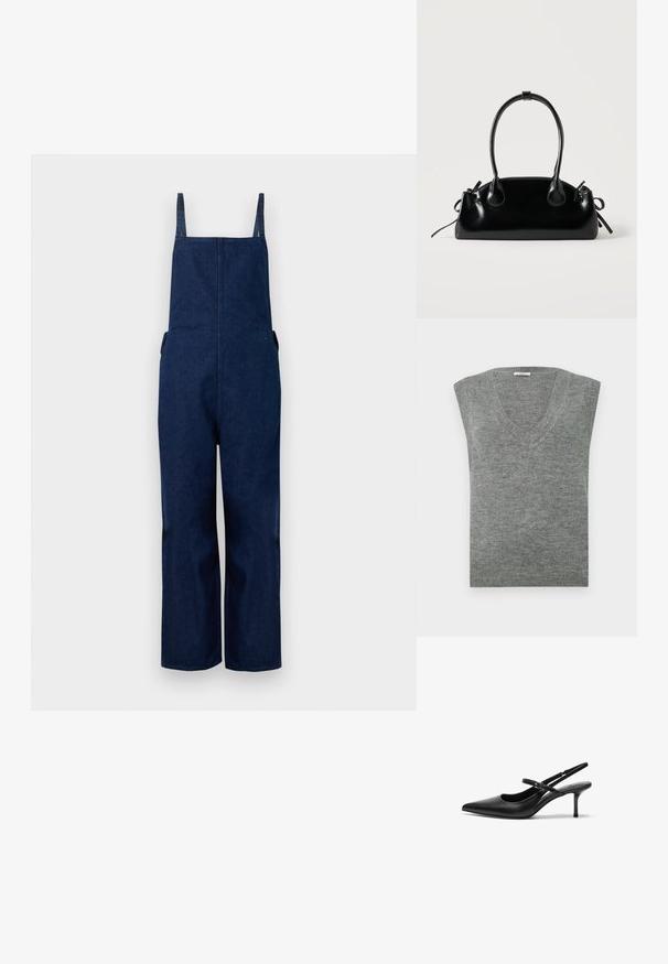 Marine denim dungarees met wijd uitlopende benen, verstelbare banden en zijzakken, met een strakke, minimalistische uitstraling en een zachte textuur.; Grijze mouwloze V-hals trui vervaardigd uit zacht materiaal met een gladde textuur en geribbelde halslijn. Eenvoudig ontwerp, geen patronen of accenten.; Zwarte leren slingback hakken met een puntige neus, slanke verstelbare band en een ongeveer 5 cm hoge stiletto hak, met een gladde textuur.; Kleine zwarte glanzende handtas met twee lange hengsels en zijkant trekkoord details op een effen lichte achtergrond.