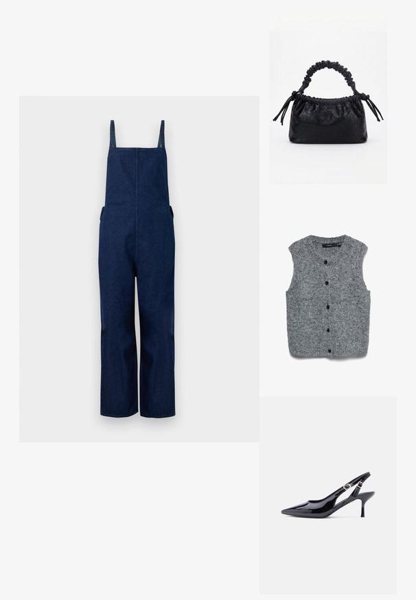 Pantalones de mezclilla azul marino con perneras amplias, tirantes ajustables y bolsillos laterales, que presentan un diseño limpio y minimalista con una textura suave.; Chaleco gris sin mangas de punto con una textura suave, que presenta un escote redondeado y seis botones negros en la parte frontal.; Zapato de charol negro con tiras traseras, punta afilada, correa ajustable con hebilla y tacón alto y delgado. Presenta un diseño con recortes abiertos en los lados.; Bolso negro con textura de cocodrilo, borde superior fruncido, asa recogida y cordones con borlas en cada lado sobre un fondo blanco.