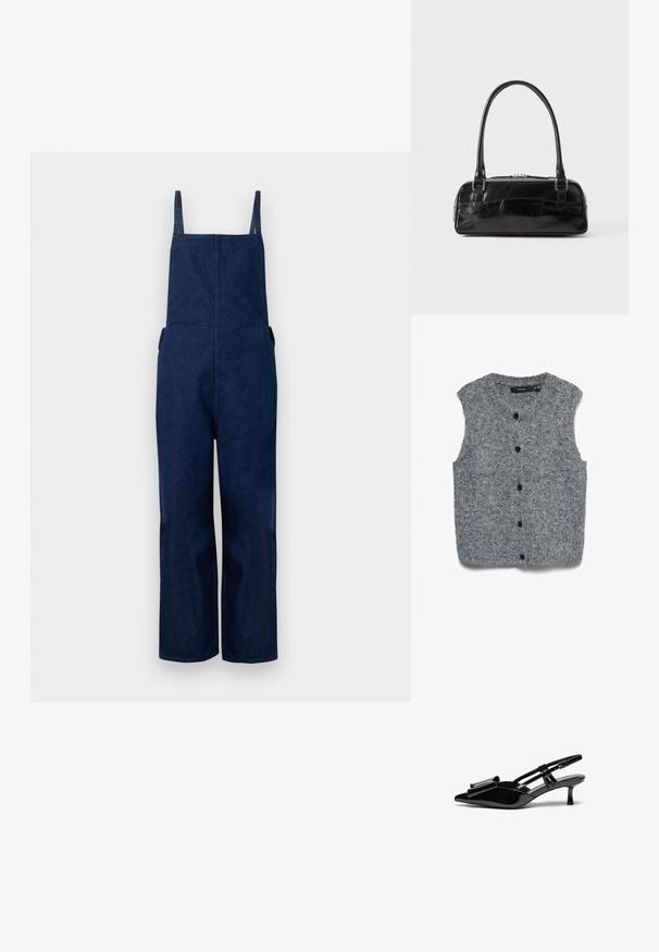 Marineblå denim overalls med brede ben, justerbare stropper og sidelommer, der har et rent, minimalistisk design og en glat tekstur.; Grå strikket ærmeløs vest med blød tekstur, med rund halsudskæring og seks sorte knapper ned foran.; Sorte patenterede læderslingbacks med spids tå, en sløjfedetalje foran og en lille stilettohæle. Remmene har justerbare spænder.; Sort læderhåndtaske med rektangulær form, der har et enkelt struktureret håndtag, sølvhardware og lynlås-lukning. Glat tekstur.
