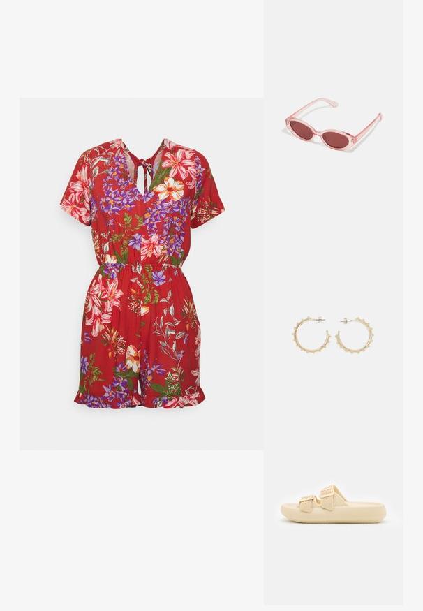 ONLY ONLNOVA LIFE PLAYSUIT - Combinaison - mineral red; Sandale décontractée beige à enfiler avec un dessus texturé, des sangles à boucle ajustables et une semelle épaisse et rembourrée. Design léger adapté pour un usage quotidien.; Lunettes de soleil transparentes roses avec des verres ovales, teintés d'un rouge foncé, et des branches fines, présentant une finition lisse et des détails subtils sur la monture.; Boucles d'oreilles en or en forme de créole avec un design texturé, ornées de petites perles le long du bord. Elles ont une forme de créole fermée et un fermoir à clou.