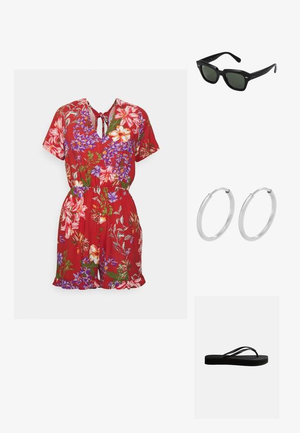 ONLY ONLNOVA LIFE PLAYSUIT - Jumpsuit - mineral red; Schwarze Gummiflips mit strukturierter Sohle und Y-förmigem Riemen, seitliche Ansicht vor schlichtem hellem Hintergrund.; Schwarze quadratische Sonnenbrillen mit dunkelgrünen Gläsern, ausgestattet mit markanten Rahmen und silbernen Akzenten an den Seiten. Hergestellt in Italien.; Silberne Creolen, kreisförmig, mit glatter, glänzender Oberfläche und gleichbleibender Breite. Minimalistisches Design ohne zusätzliche Akzente.