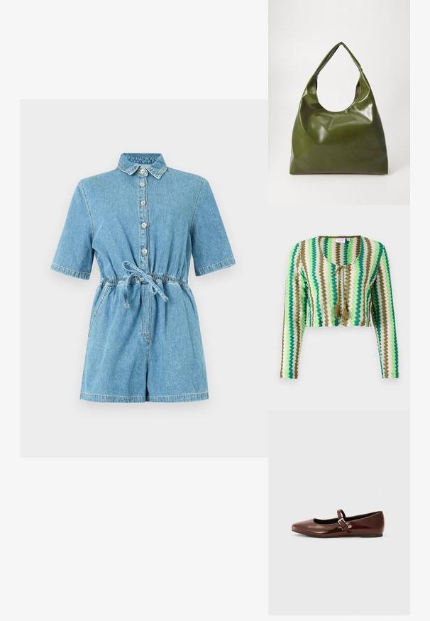 Hellblauer Jeans-Overall mit kurzen Ärmeln, Knopfleiste vorne, Brusttasche mit Kragen, Seitentaschen und verstellbarem Taillenzug.; Häkeln-Cardigan in grünen, cremefarbenen und olivfarbenen Streifen. Mit langen Ärmeln, einem runden Halsausschnitt und einem Band mit Quasten vorne.; Braune Lackleder-Ballerinas mit quadratischer Zehenform und Riemen mit einer kleinen goldenen Schnalle. Glatte Textur, niedriger Absatz und minimalistisches Design.; Grüne Leder-Hobo-Tasche mit einem lässigen Design, gebogenem Griff und glatter Textur. Enthält keine sichtbaren Beschläge oder Akzente.