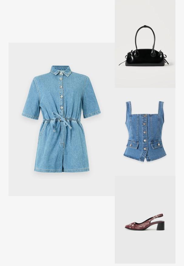 Combinaison courte en denim bleu clair à manches courtes avec fermeture boutonnée devant, col poitrine, poches latérales et taille ajustable avec cordon de serrage.; Veste en jean bleu sans manches avec des boutons à l'avant et deux poches à rabat sur un fond blanc uni.; Chaussure slingback en cuir bordeaux avec un bout arrondi, un design incurvé, des accents en métal argenté et un talon bloc. Finition texturée.; Petit sac à main noir brillant avec deux longues anses et des détails à cordon sur les côtés sur un fond clair uni.