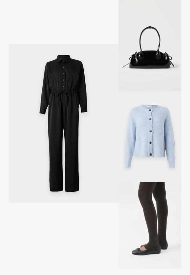 Zwarte jumpsuit met lange mouwen, knoopsluiting aan de voorkant, borstzak, elastische taille met trekkoord en wijde pijpen van een gladde stof.; Lichtblauwe cardigan van zacht, ribbelachtig materiaal, met een ronde halslijn, lange mouwen en zes zwarte knopen aan de voorkant.; Benen met donkere geribbelde leggings gecombineerd met zwarte ballerina's met kleine strikdetails op een witte achtergrond.; Kleine zwarte glanzende handtas met twee lange hengsels en zijkant trekkoord details op een effen lichte achtergrond.