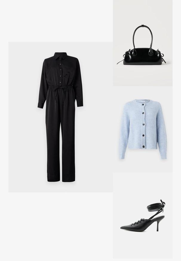 Schwarzer Jumpsuit mit langen Ärmeln, durchgehender Knopfleiste, Brusttasche, elastischem Bund mit Kordelzug und weitem Beinschnitt aus einem glatten Stoff.; Hellblauer Cardigan aus weichem, geripptem Material mit Rundhalsausschnitt, langen Ärmeln und sechs schwarzen Knöpfen auf der Vorderseite.; Schwarzer spitzer High-Heel-Schuh mit Schnürung vorne und wickelnden Knöchelriemen, die zu einer Schleife gebunden sind, von der Seite auf weißem Hintergrund gezeigt.; Kleine schwarze glänzende Handtasche mit zwei langen Griffen und seitlichen Kordelzug-Details vor einfachem hellem Hintergrund.