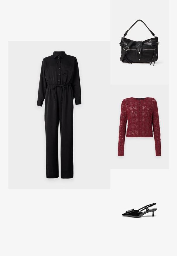 Zwarte jumpsuit met lange mouwen, knoopsluiting aan de voorkant, borstzak, elastische taille met trekkoord en wijde pijpen van een gladde stof.; Bordeaux gebreide cardigan met een gestructureerd open steekpatroon, met een ronde halslijn en knoopsluiting aan de voorkant.; Zwarte gepatineerde lederen slingback hakken met een puntige neus, een strikdetail aan de voorkant en een kleine stilettohak. De bandjes hebben verstelbare gespen.; Even&Odd by Zalando H24462 - Handtas - black