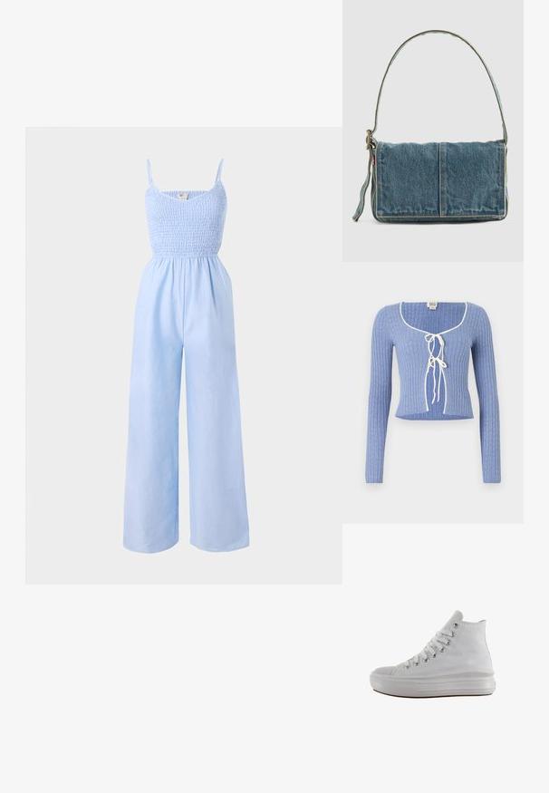 Lysblå jumpsuit lavet af blødt stof, med et smocked bodice, tynde stropper og vide ben for en løs pasform.; Lyseblå ribbet crop top med lange ærmer, med en kvadratisk udskæring og hvide bånd foran. Struktureret mønster over hele stoffet.; Hvid højt canvas sneaksko med hvide snørebånd, metaløjer, tyk gummisål og tekstureret tåhætte, vendt mod venstre på en hvid baggrund.; Denim skuldertaske med fold-over design, lys blå farve, synlige sømme, justerbar rem og en sidelabel-detalje.